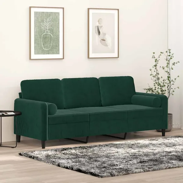 Canapé 3 places avec oreillers vert foncé 180 cm velours