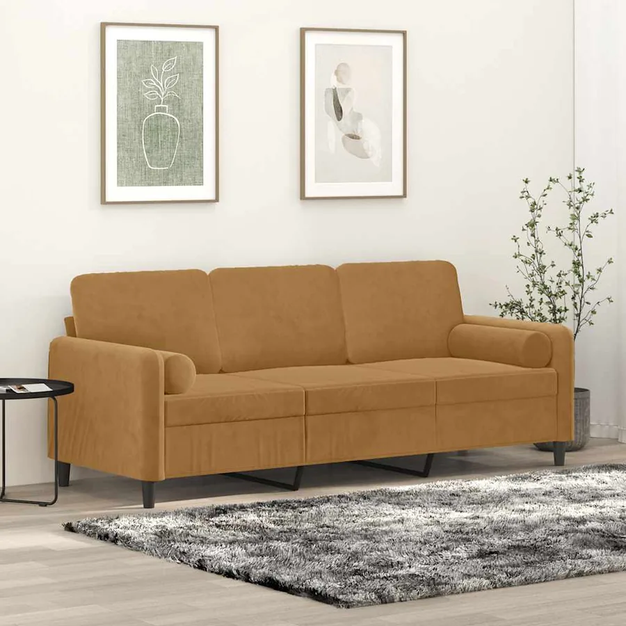 Canapé 3 places avec oreillers décoratifs marron 180 cm velours