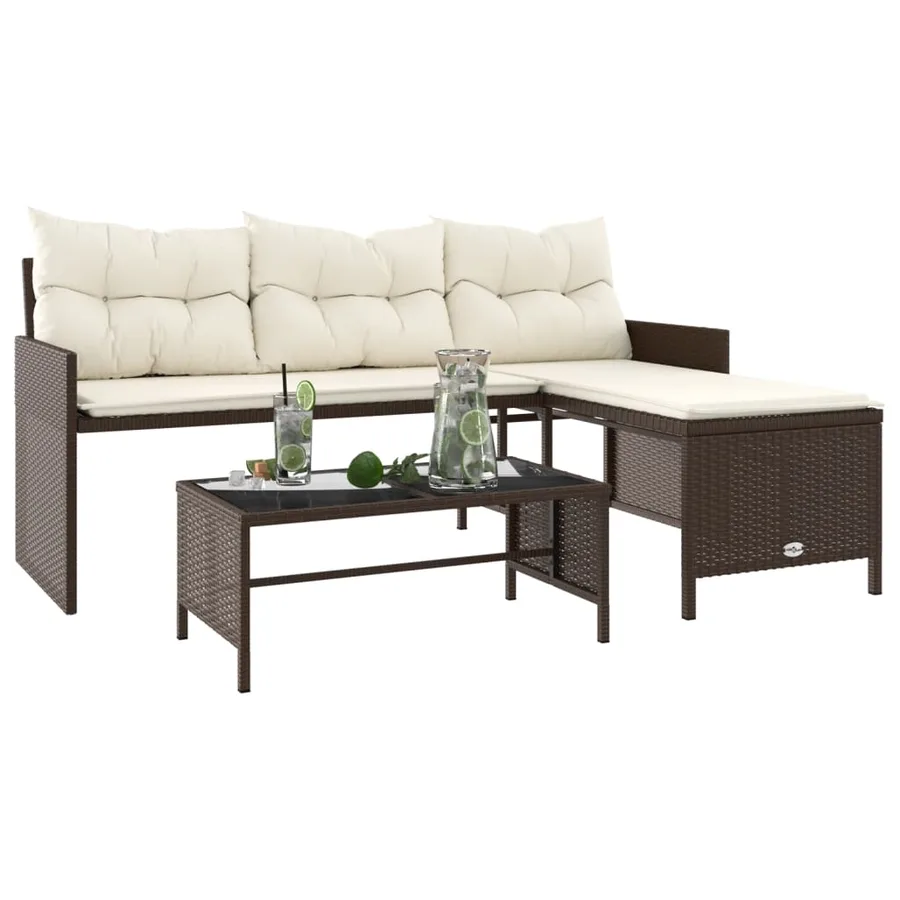 Canapé de jardin avec table et coussins en forme de L marron - 4