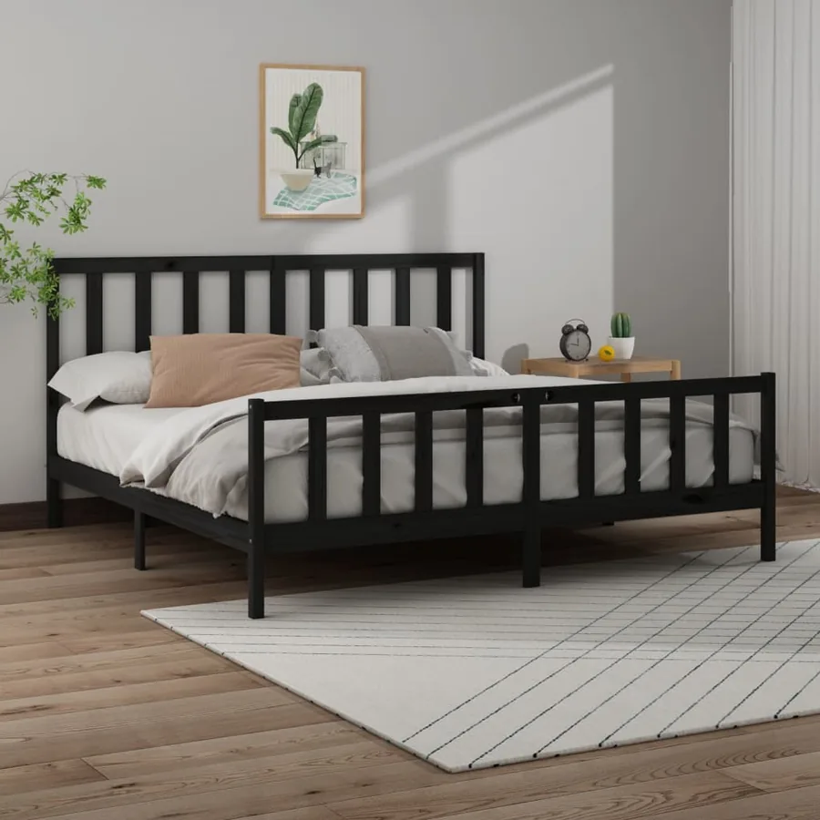 Cadre de lit sans matelas noir 200x200 cm bois massif de pin