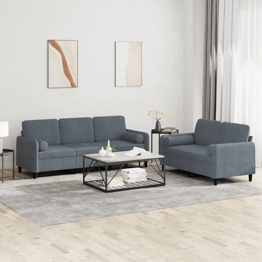 Ensemble de canapés 2 pcs avec coussins gris foncé velours