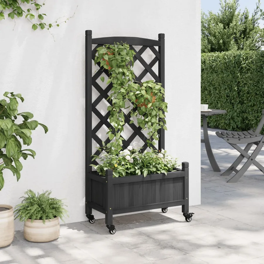 Jardinière avec treillis et roues noir bois massif de sapin - 3