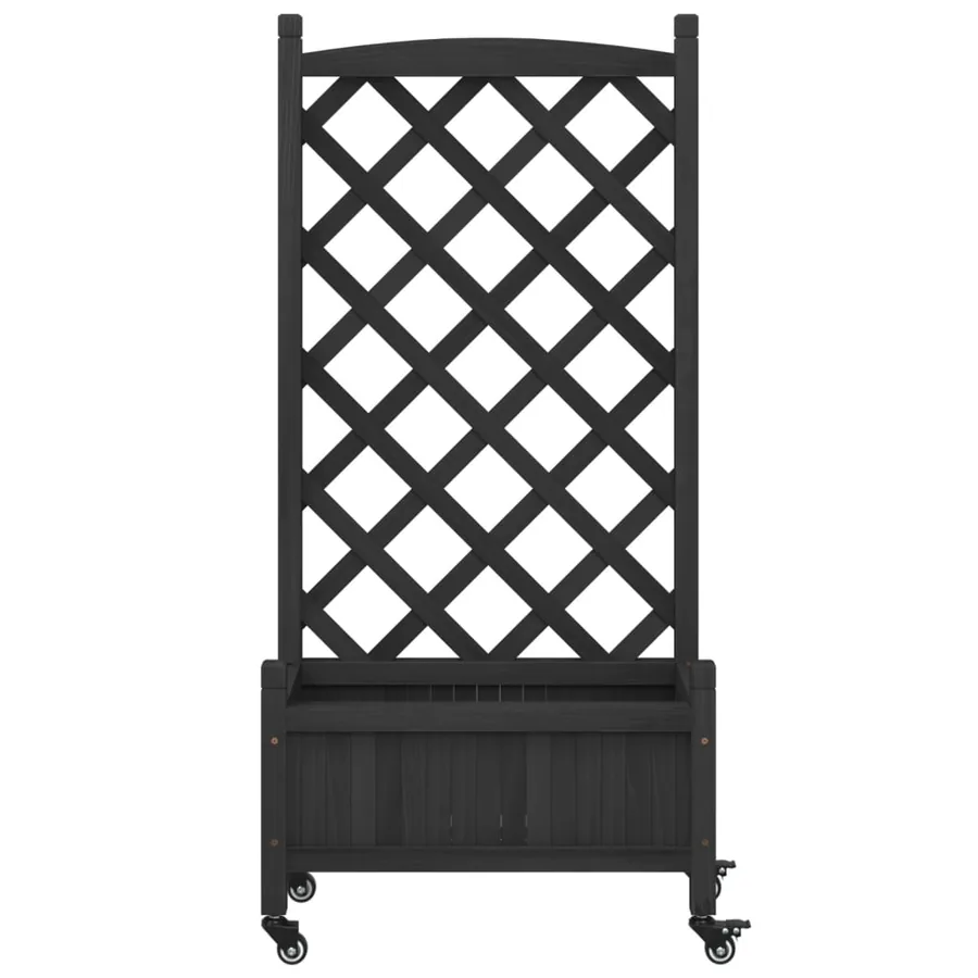 Jardinière avec treillis et roues noir bois massif de sapin - 4