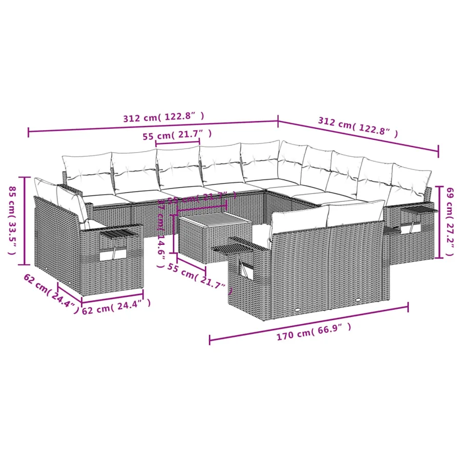 Salon de jardin avec coussins 14 pcs gris résine tressée - 9