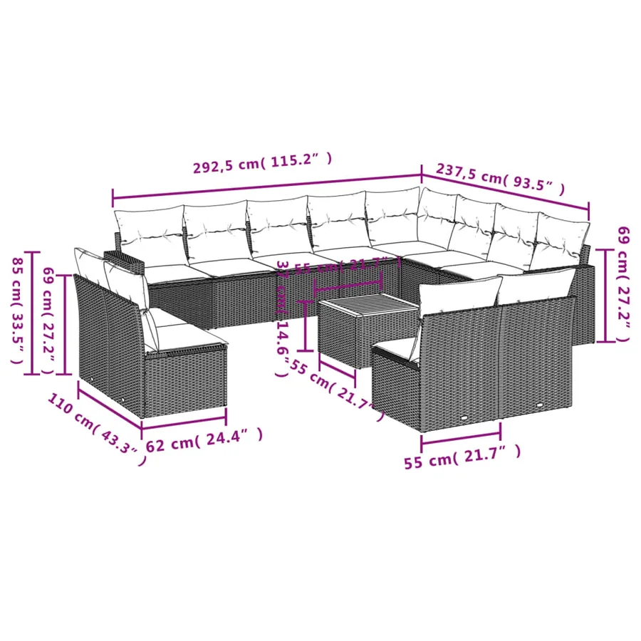 Salon de jardin avec coussins 13 pcs gris résine tressée - 3