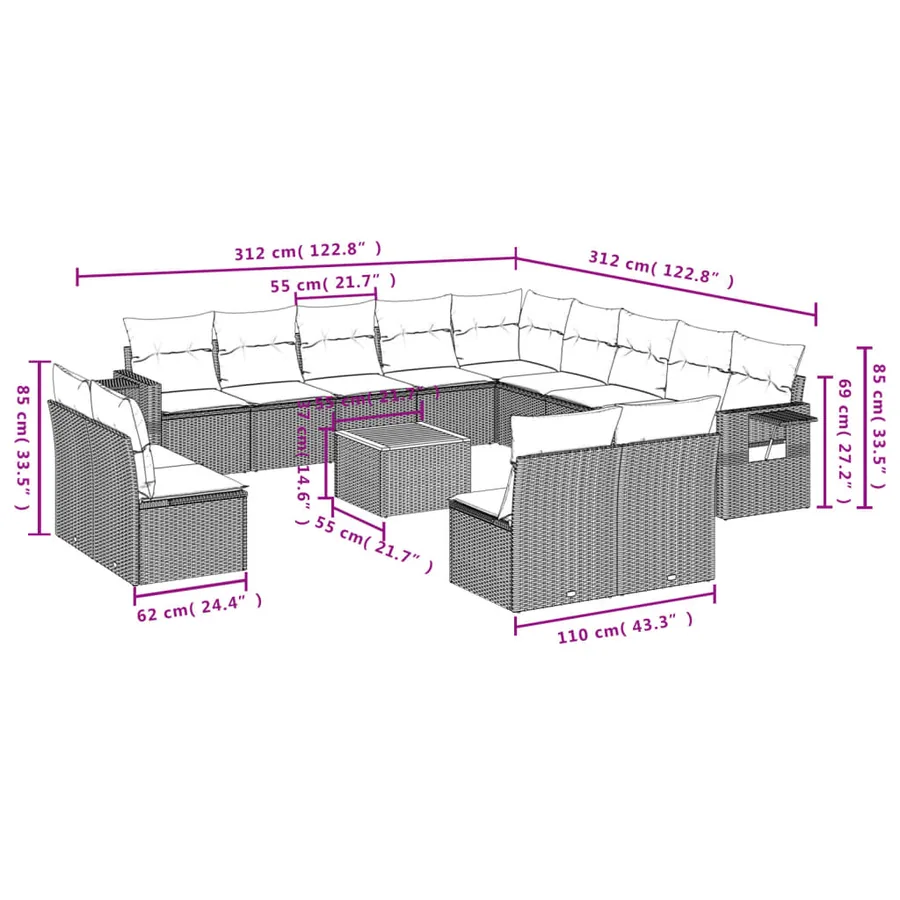 Salon de jardin avec coussins 14 pcs gris résine tressée - 9