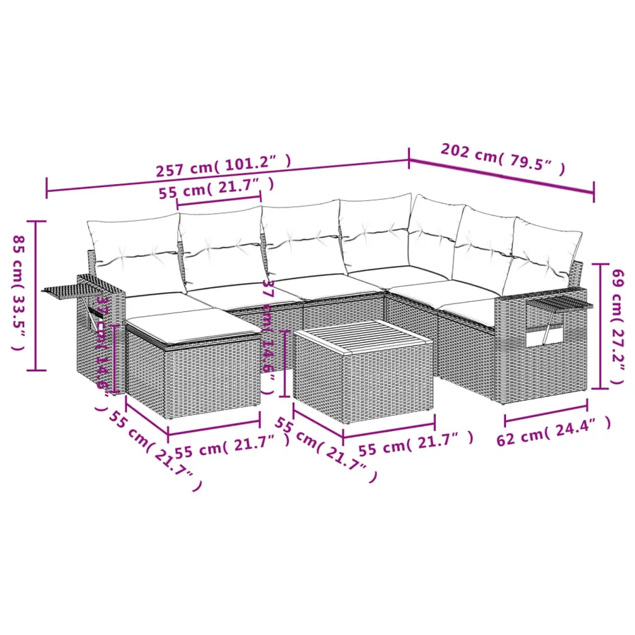 Salon de jardin 8 pcs avec coussins gris résine tressée - 10
