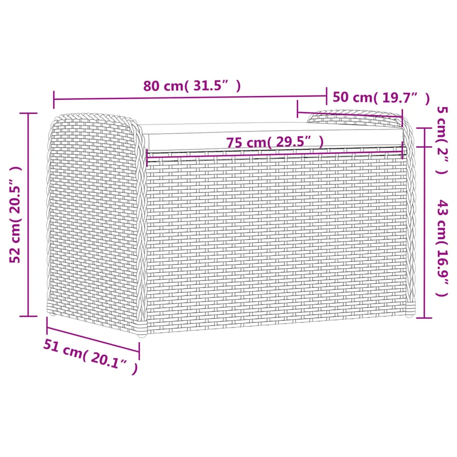 Banc de rangement et coussin marron 80x51x52 cm résine tressée - 11