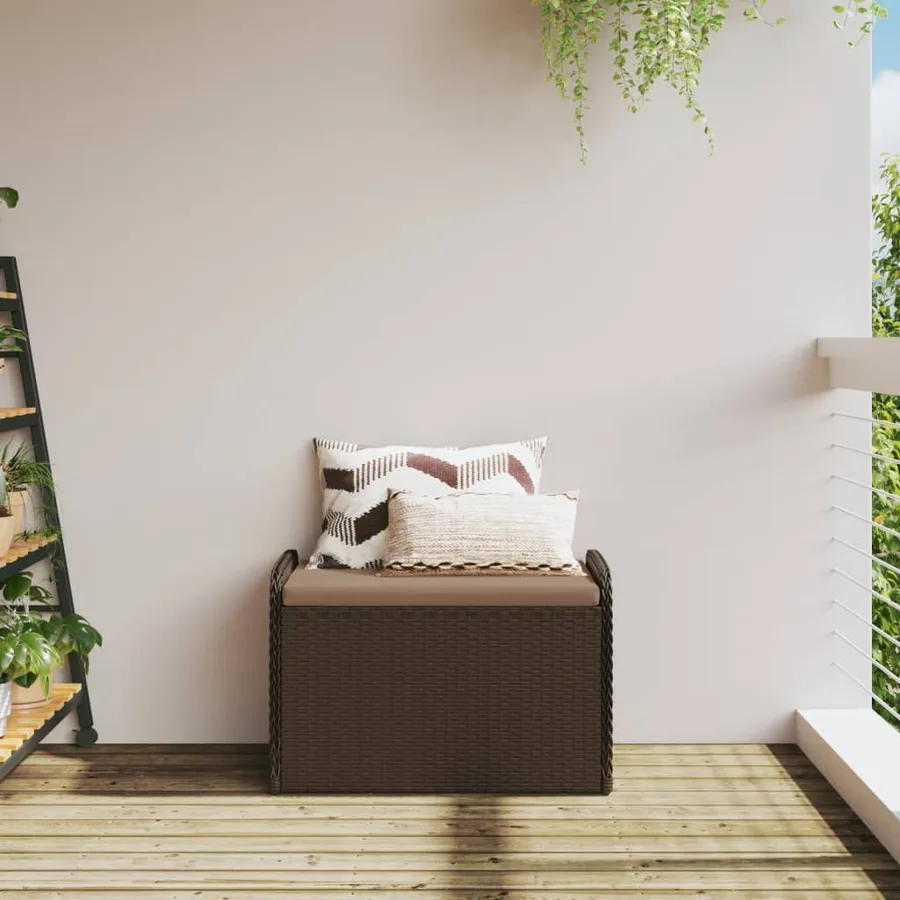 Banc de rangement et coussin marron 80x51x52 cm résine tressée - 3