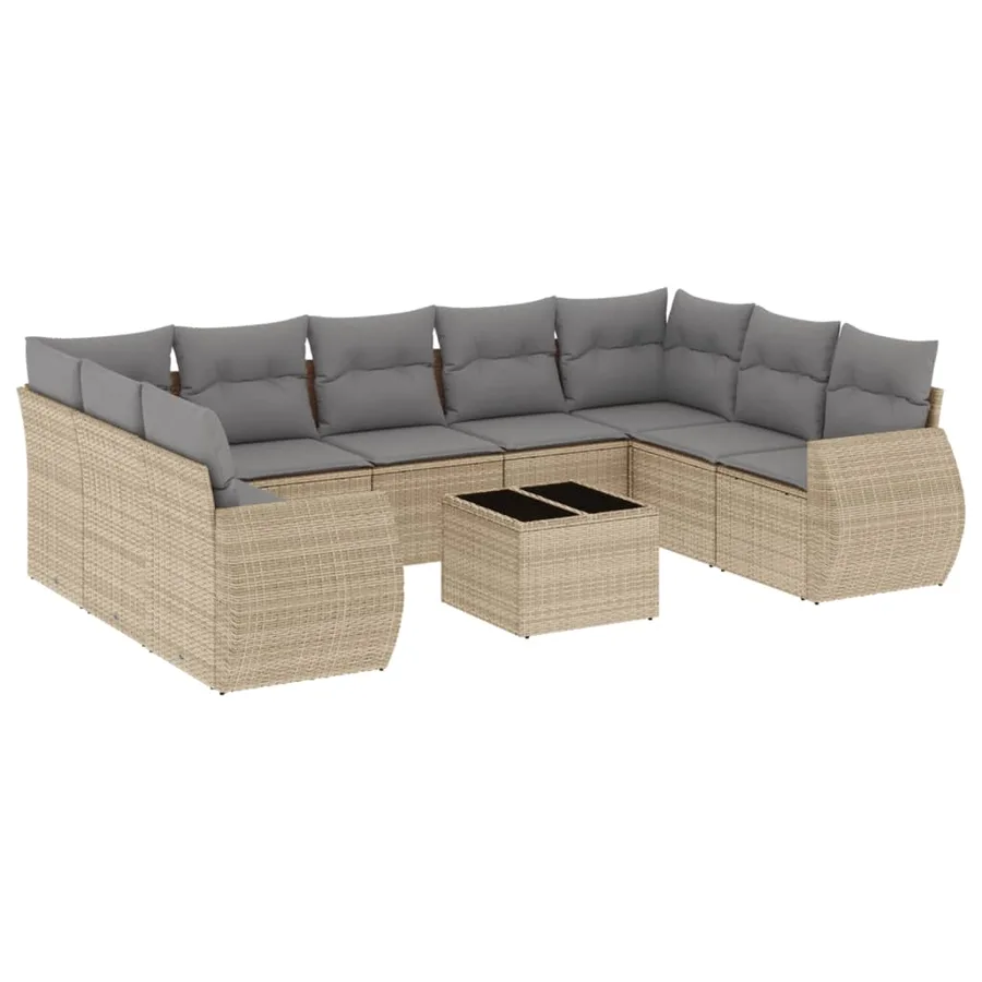 Salon de jardin avec coussins 10 pcs beige résine tressée - 2