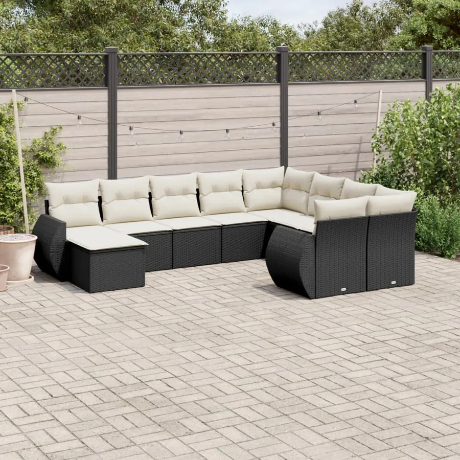 Salon de jardin 10 pcs avec coussins noir résine tressée