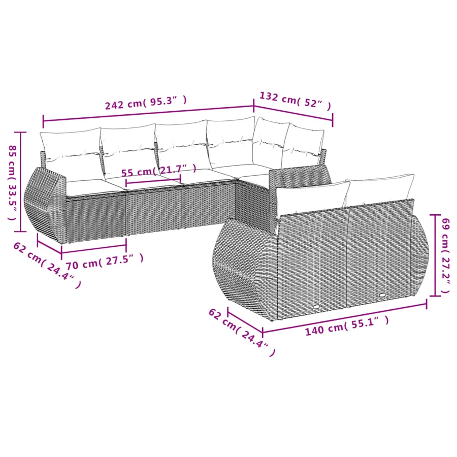 Salon de jardin avec coussins 7 pcs gris résine tressée - 7