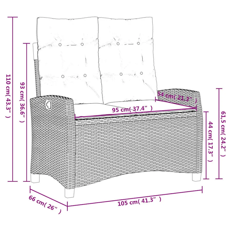 Banc inclinable de jardin avec coussins marron résine tressée - 10
