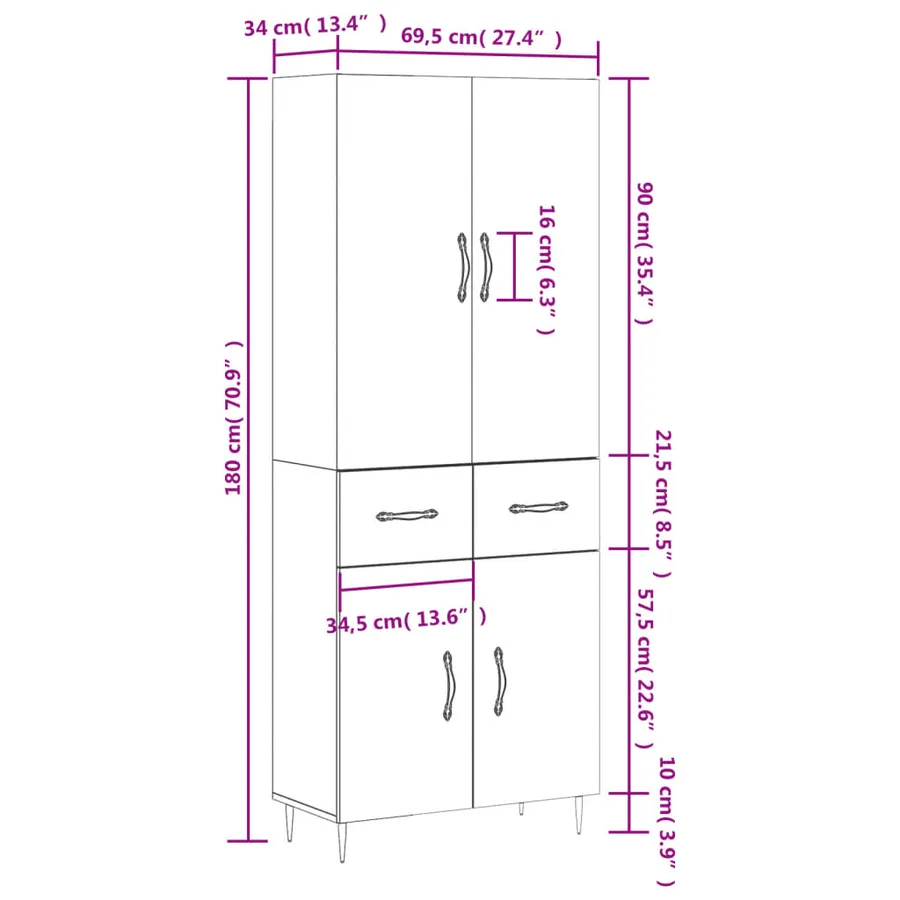 Buffet haut Gris béton 69,5x34x180 cm Bois d'ingénierie - 14