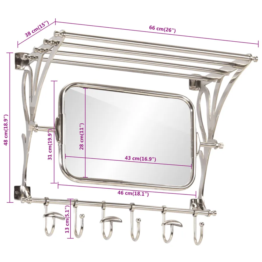 Porte-bagages avec cintres et miroir mural aluminium - 7