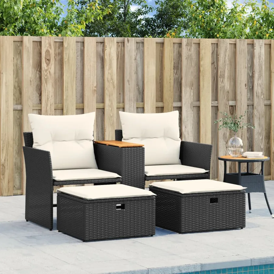 Canapé de jardin 2 places avec tabourets noir résine tressée - 3