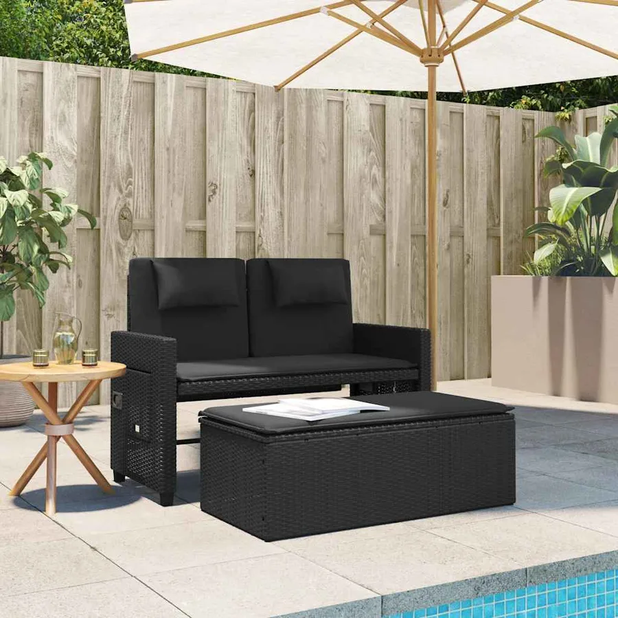 Banc inclinable de jardin avec coussins noir résine tressée - 3