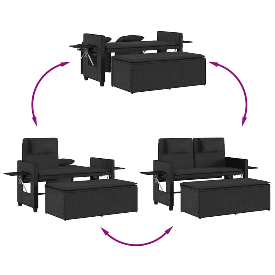 Banc inclinable de jardin avec coussins noir résine tressée - 9