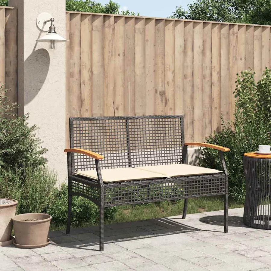 Banc de jardin avec coussin noir résine tressée et acacia - 3