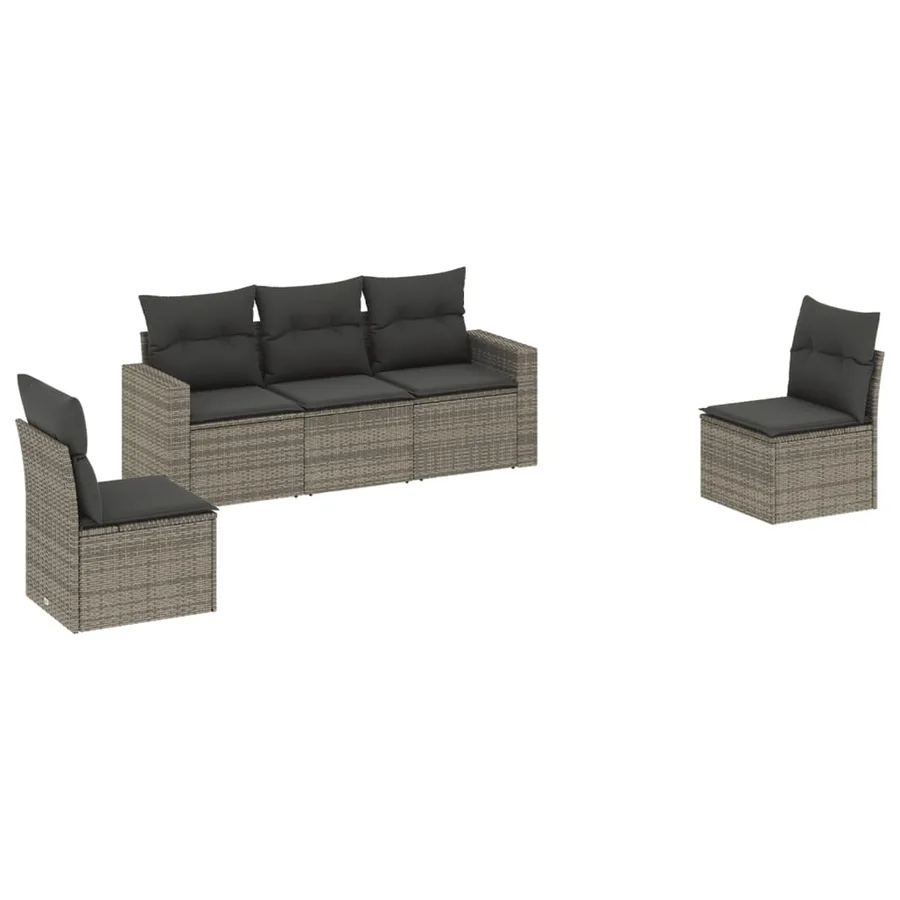 Salon de jardin 5 pcs avec coussins gris résine tressée - 2