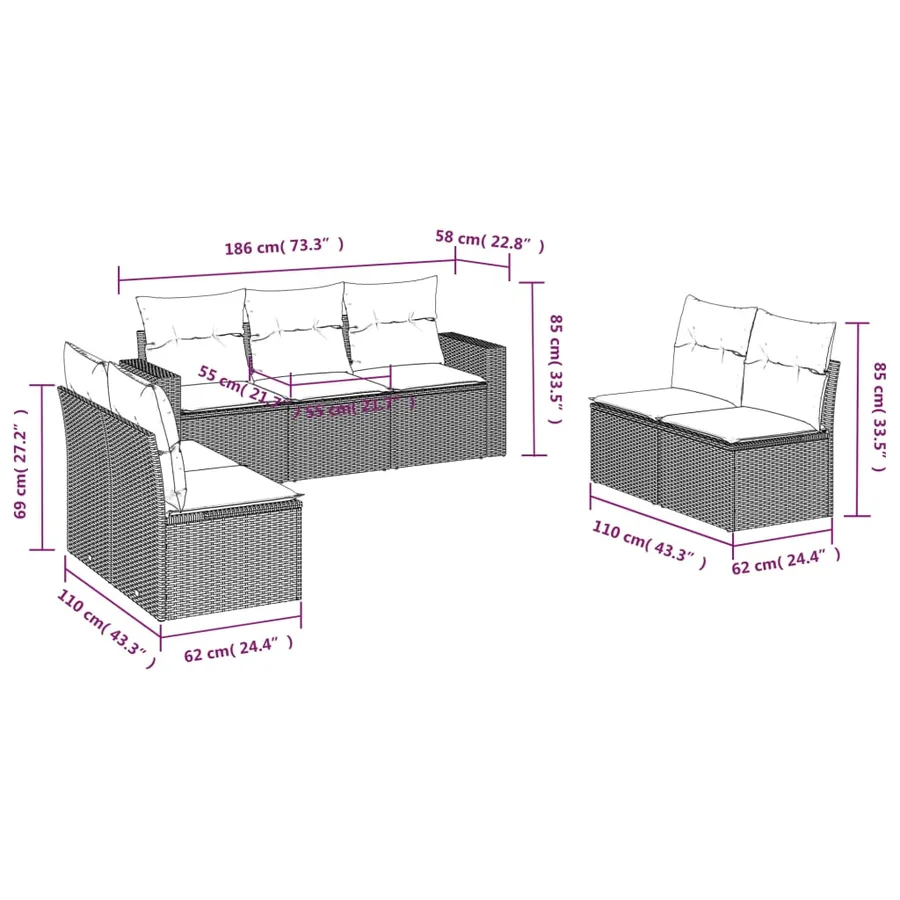 Salon de jardin avec coussins 7 pcs gris résine tressée - 3