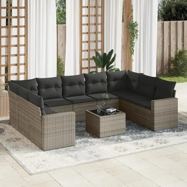 Salon de jardin avec coussins 10 pcs gris résine tressée
