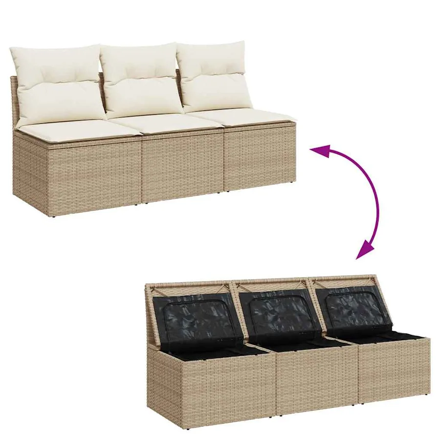 Canapé de jardin avec coussins 3 places beige résine tressée - 7