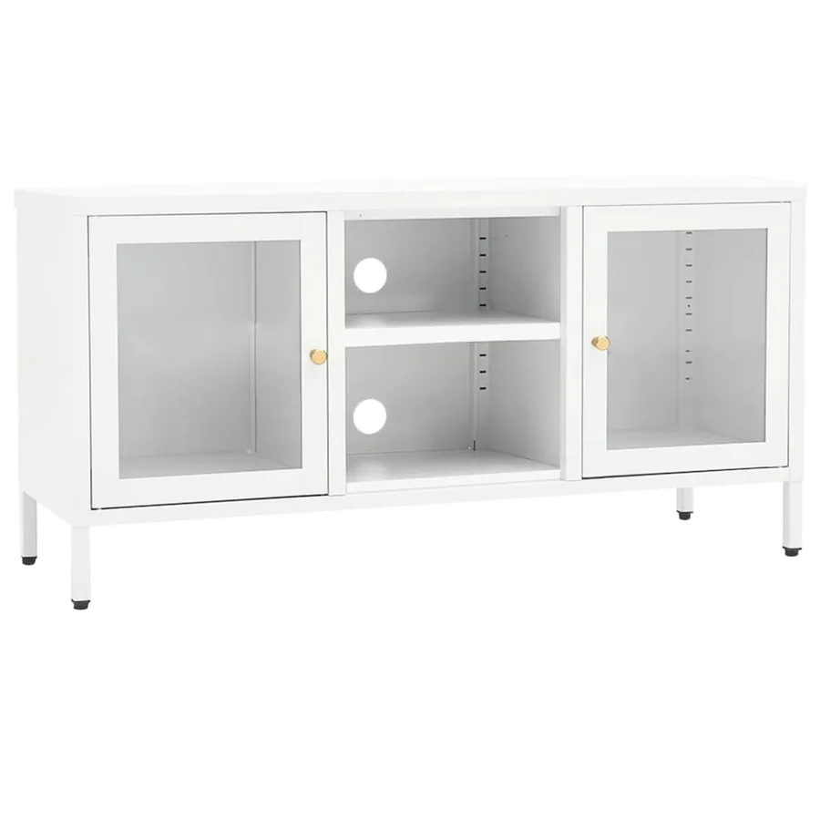Meuble TV Blanc 105x35x52 cm Acier et verre - 2