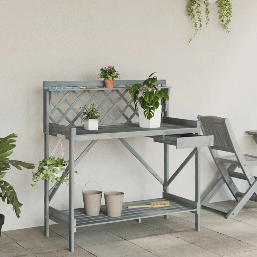Banc de rempotage avec treillis gris bois massif de sapin - 3