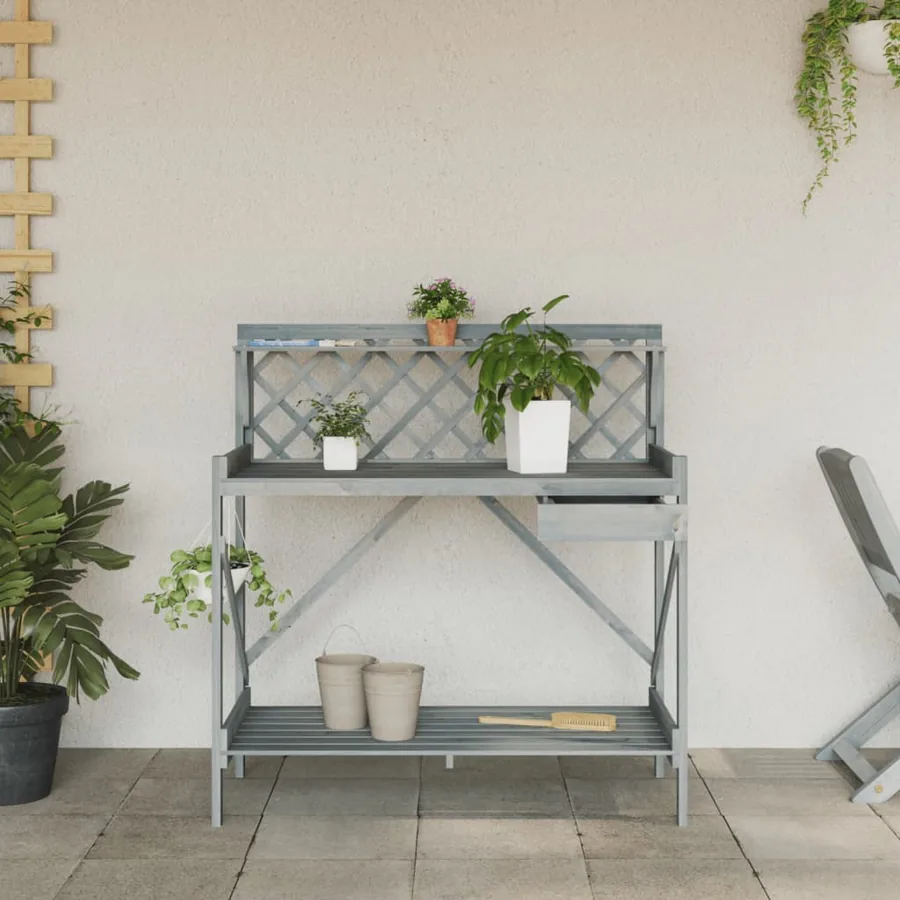 Banc de rempotage avec treillis gris bois massif de sapin - 4