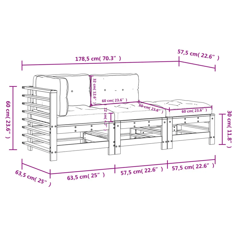 Salon de jardin 3 pcs avec coussins bois de pin imprégné - 9