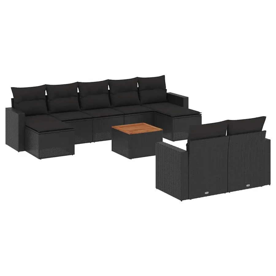 Salon de jardin 10 pcs avec coussins noir résine tressée - 2
