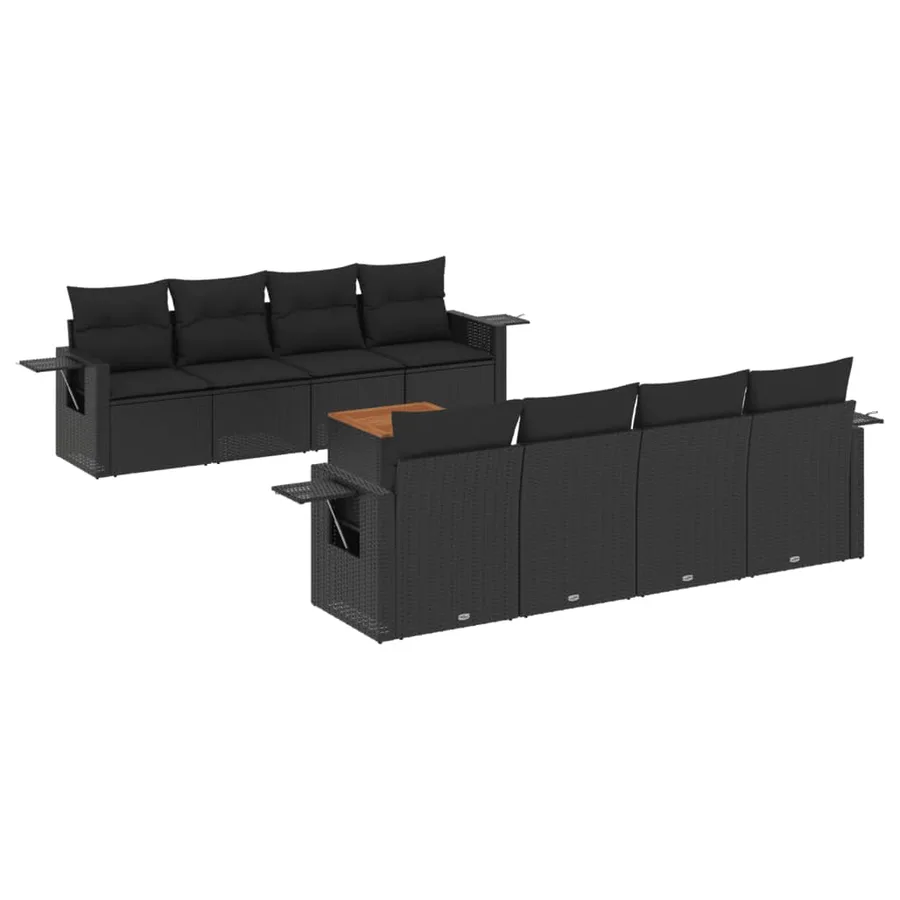 Salon de jardin 9 pcs avec coussins noir résine tressée - 2