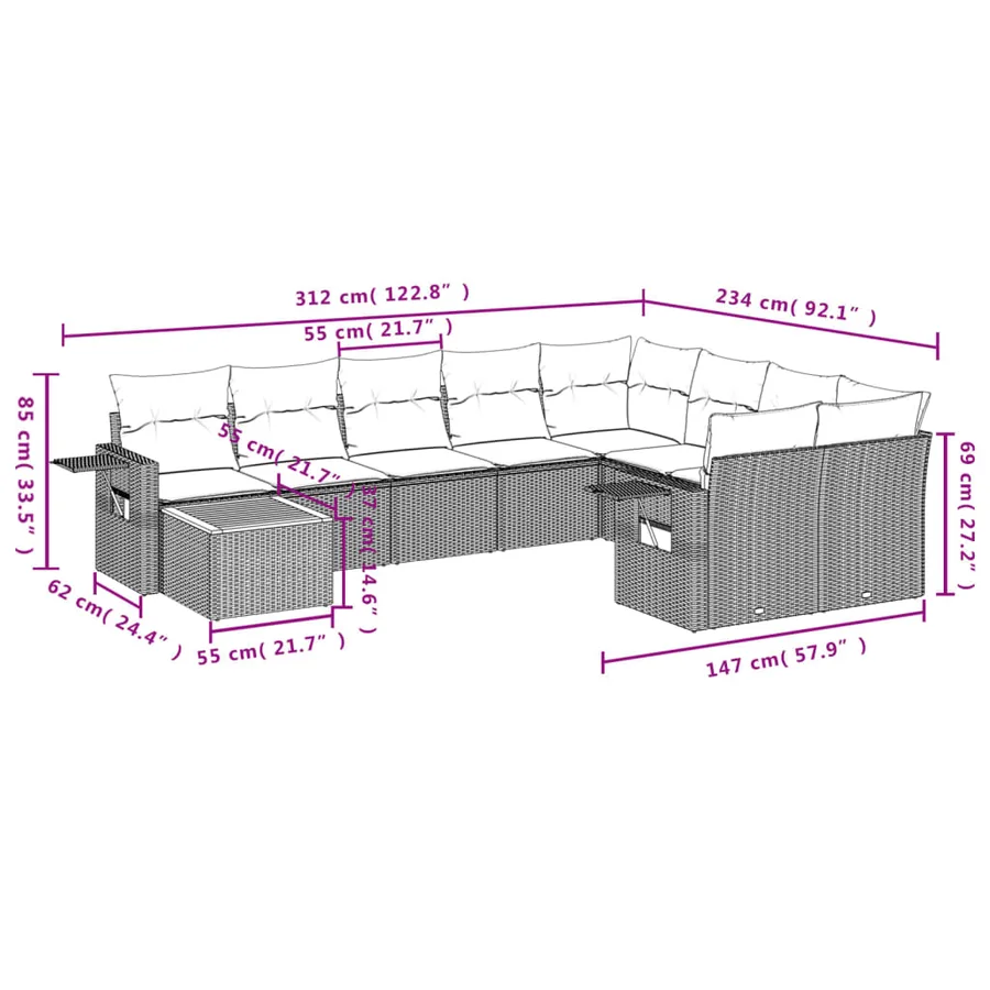 Salon de jardin 10 pcs avec coussins noir résine tressée - 10