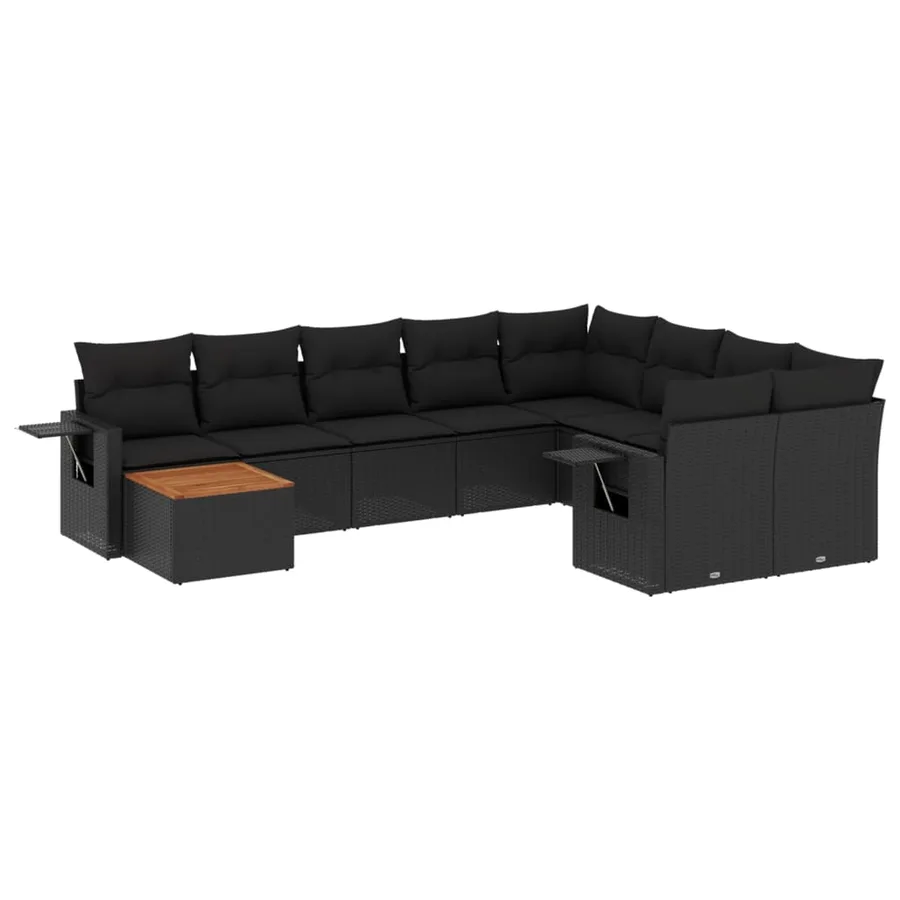 Salon de jardin 10 pcs avec coussins noir résine tressée - 2