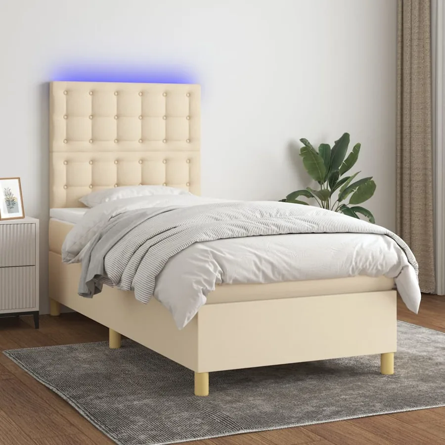 Sommier à lattes de lit et matelas et LED Crème 90x200 cm Tissu