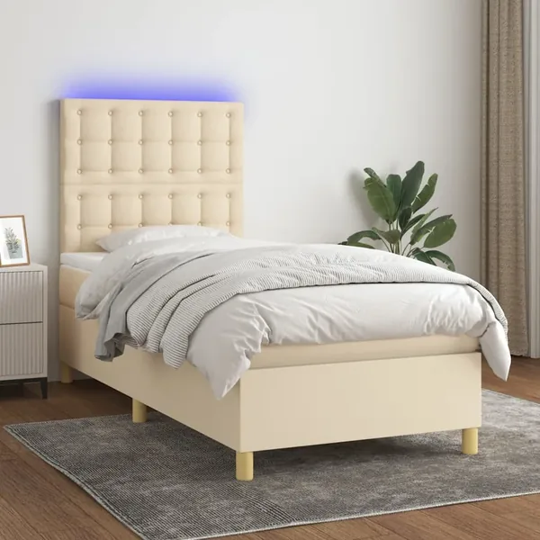 Sommier à lattes de lit et matelas et LED Crème 90x200 cm Tissu