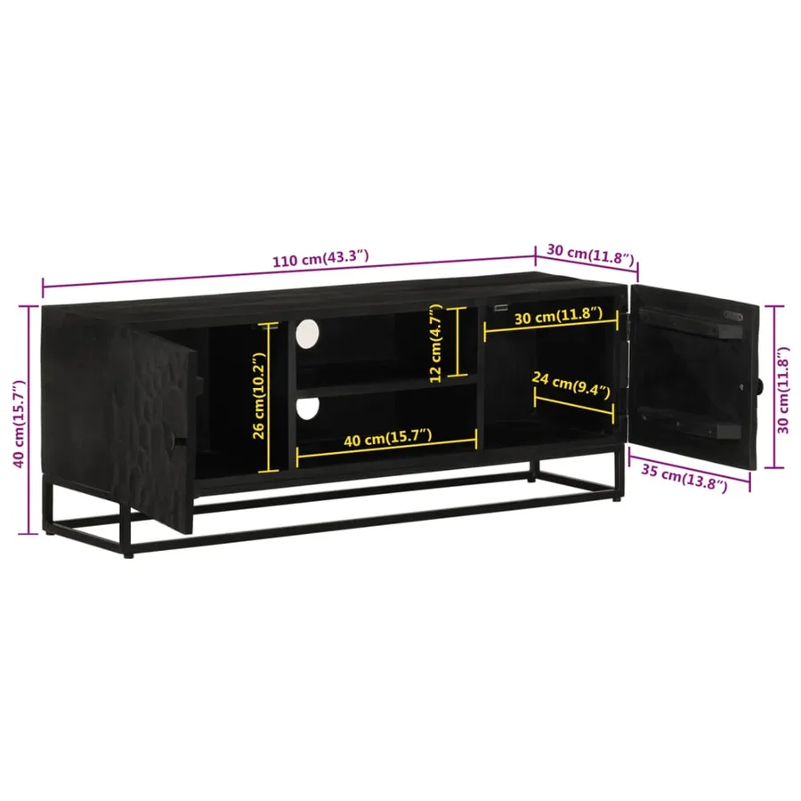 Meuble TV noir 110x30x40 cm bois massif de manguier et fer - 9