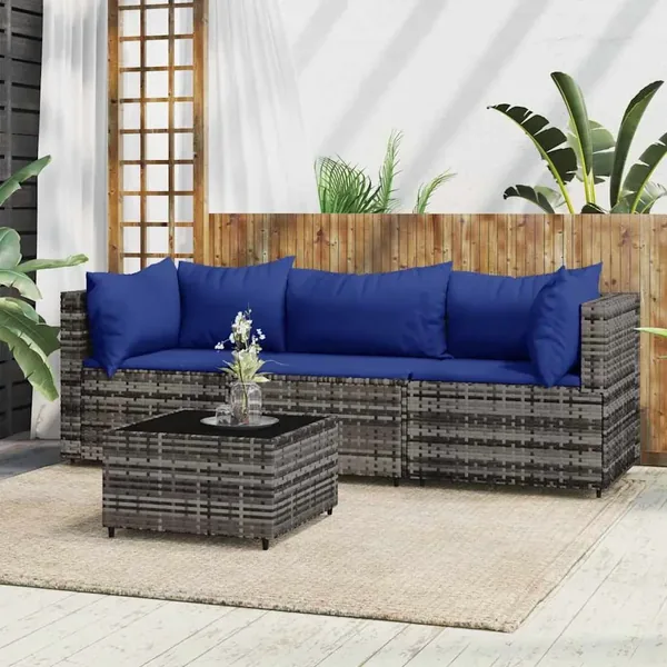 Salon de jardin 4 pcs avec coussins Gris Résine tressée