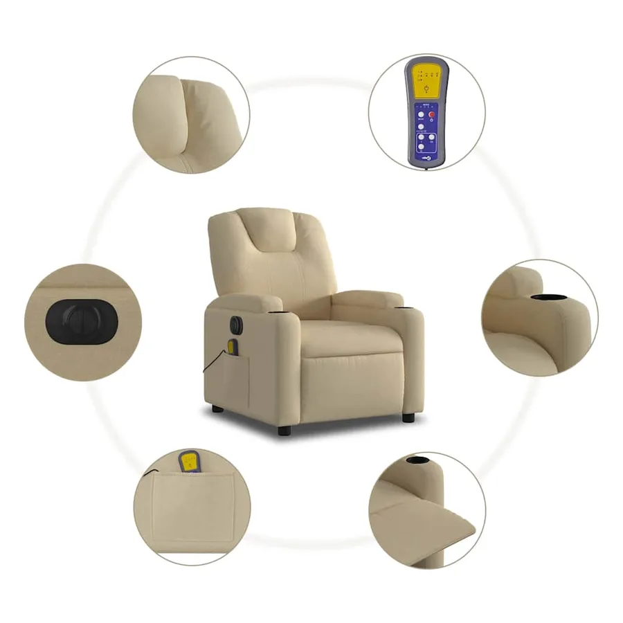 Fauteuil inclinable de massage électrique crème tissu - 8