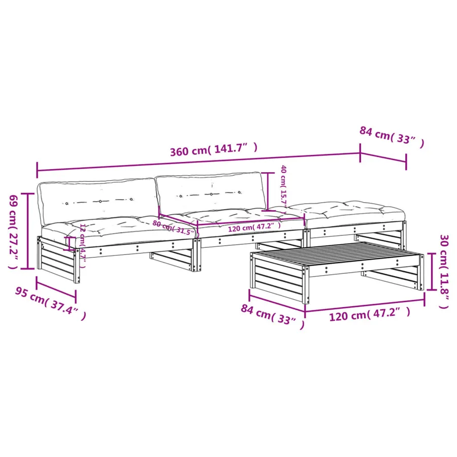 Salon de jardin 4 pcs avec coussins bois de pin imprégné - 8