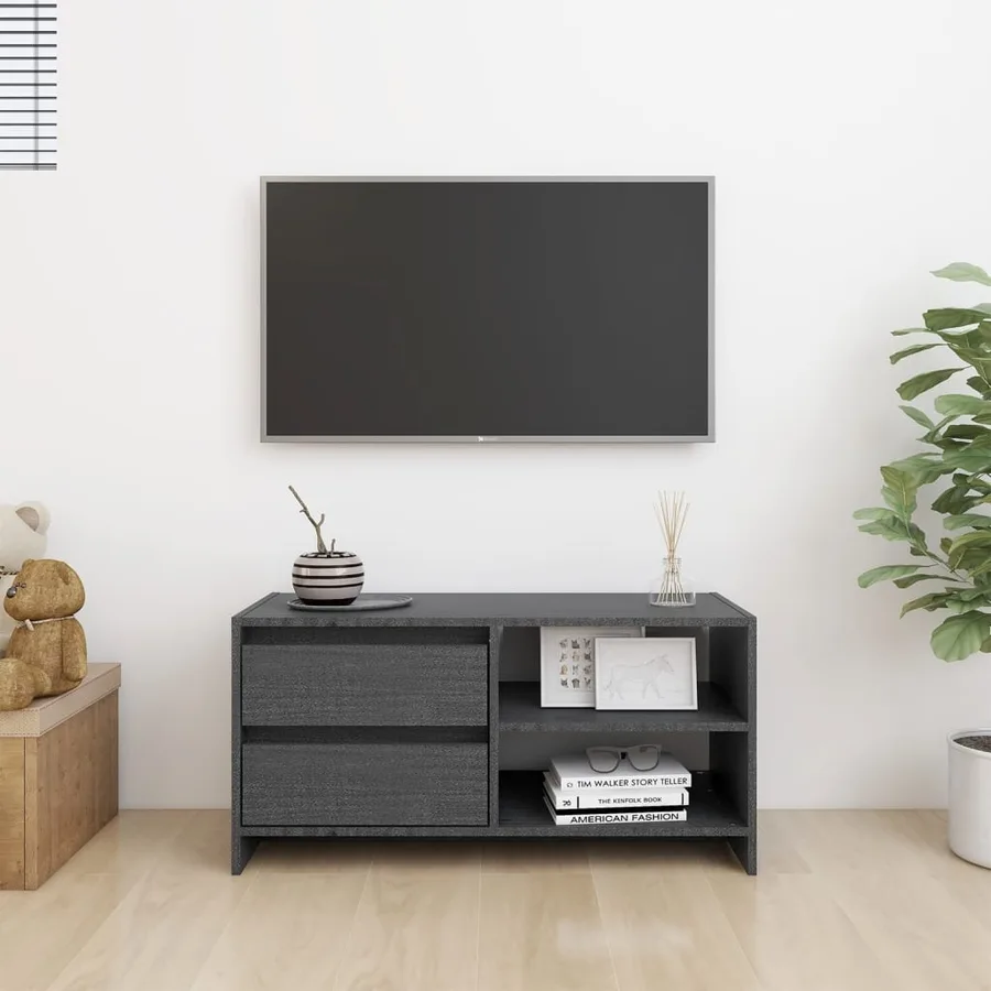 Meuble TV Gris 80x31x39 cm Bois de pin massif - 3
