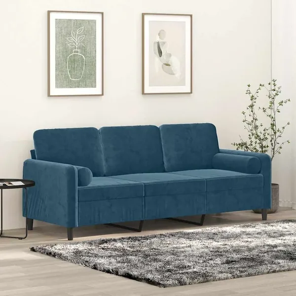 Canapé 3 places avec oreillers décoratifs bleu 180 cm velours