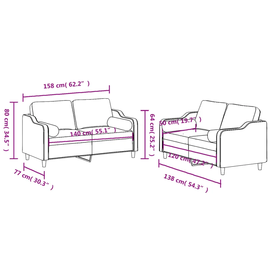 Ensemble de canapés 2 pcs avec coussins noir tissu - 8