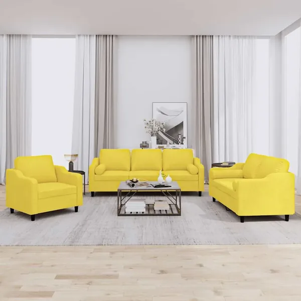 Ensemble de canapés 3 pcs avec coussins jaune clair tissu