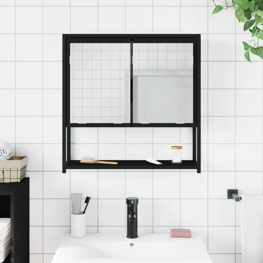 Armoire à miroir de salle de bain noir bois d'ingénierie - 3
