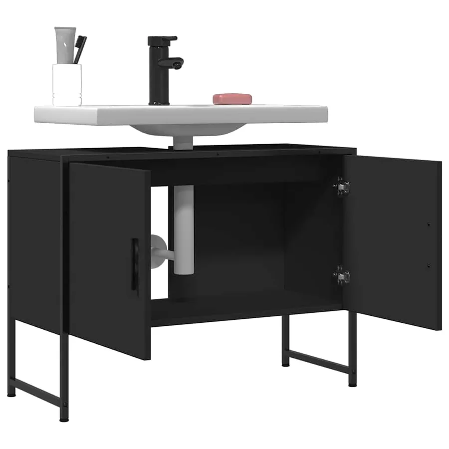 Armoire lavabo de salle de bain noir 80x33x60cm bois ingénierie - 9