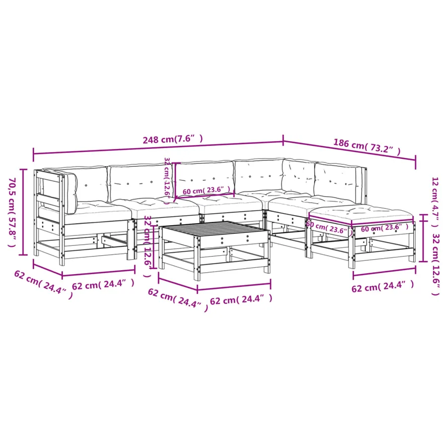 Salon de jardin 7 pcs avec coussins blanc bois massif - 9