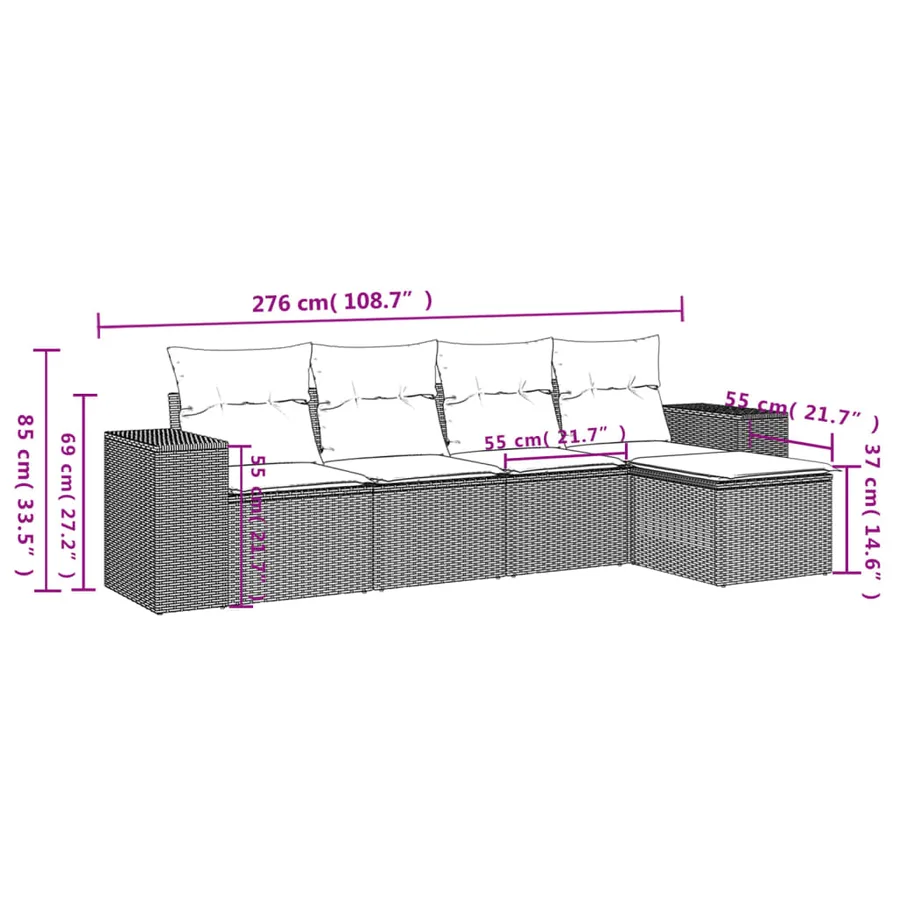 Salon de jardin 5 pcs avec coussins gris résine tressée - 7