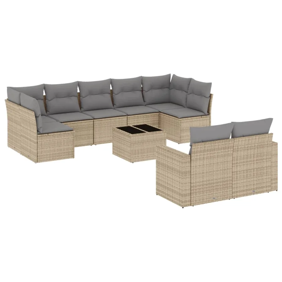 Salon de jardin avec coussins 10 pcs beige résine tressée - 2